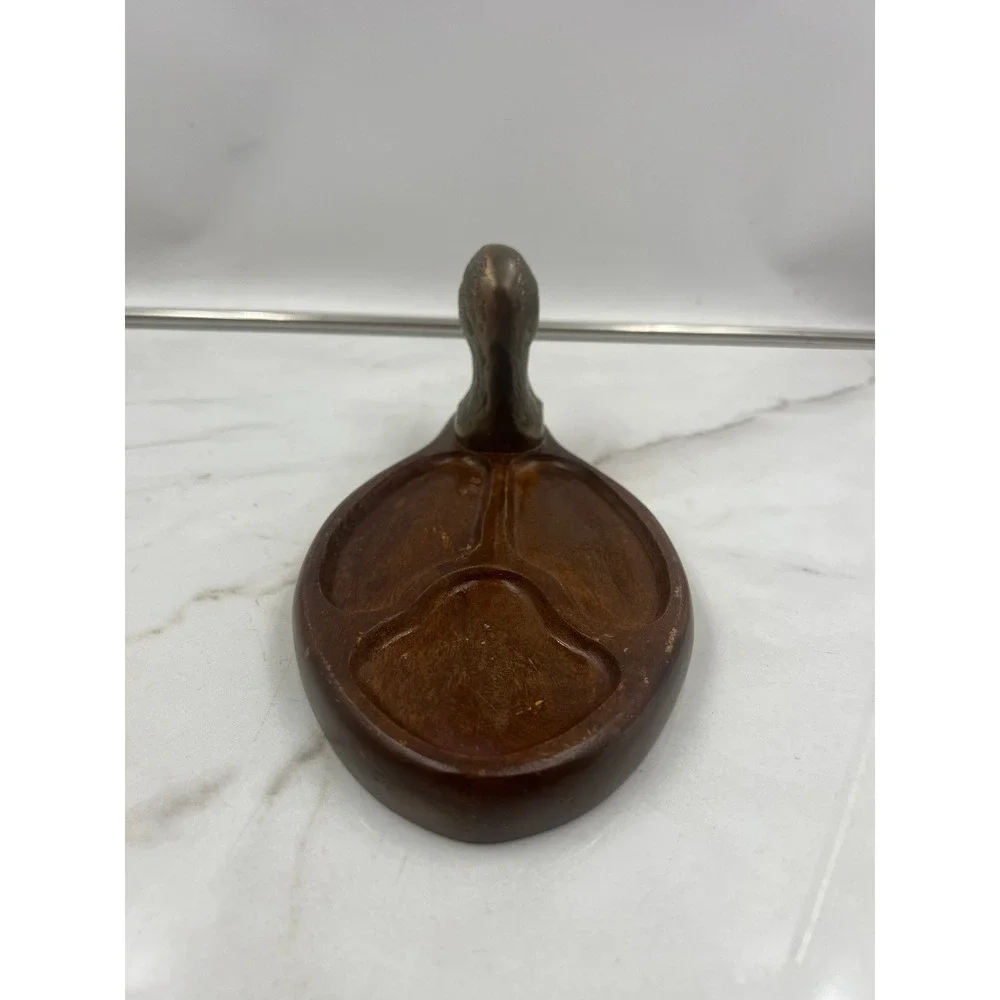 Vintage Brass Duck Head Wood Valet Tray Mallard Trinket Dish Catchall Organzier